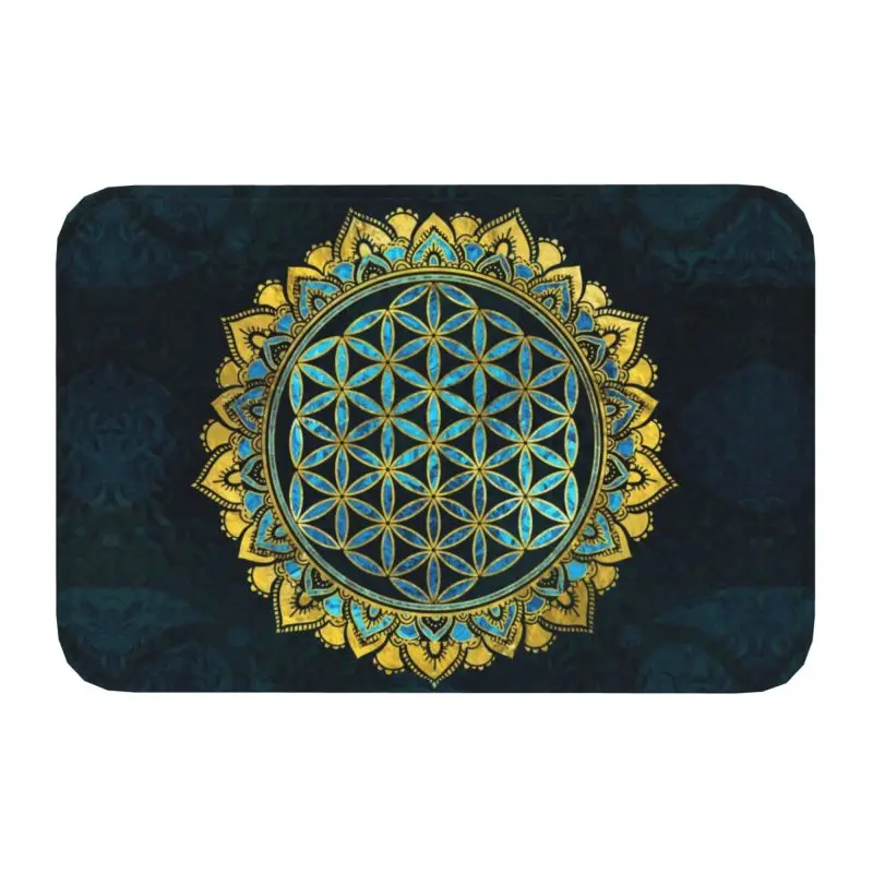 Flower Of Life Gold An Blue Texture Glass Front Door Floor Entrance Mats Mandala Geometric Pattern Bathroom Kitchen Carpet Rug