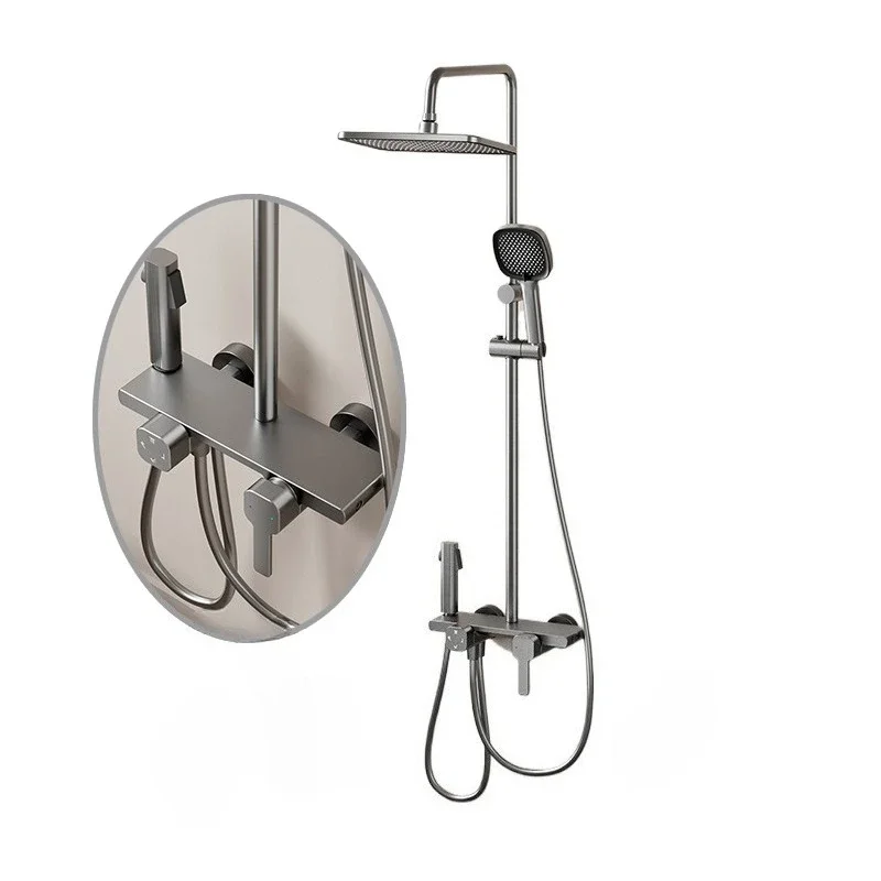 

Space Aluminum Shower System Four Ways Water Outlet Bathroom Shower Faucet Set Rainlfall Pressurized Grey Bathroom Shower Set