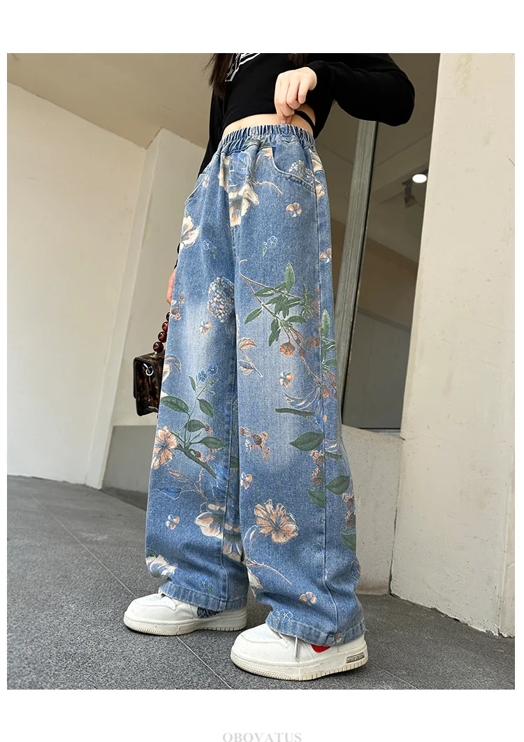 Designer-Jeans für Kinder im High-Street-Stil mit Blumenmuster für Mädchen, trendige Jeanshosen für Teenager, weite Jeanshosen mit Blumenmuster. – Detail 2