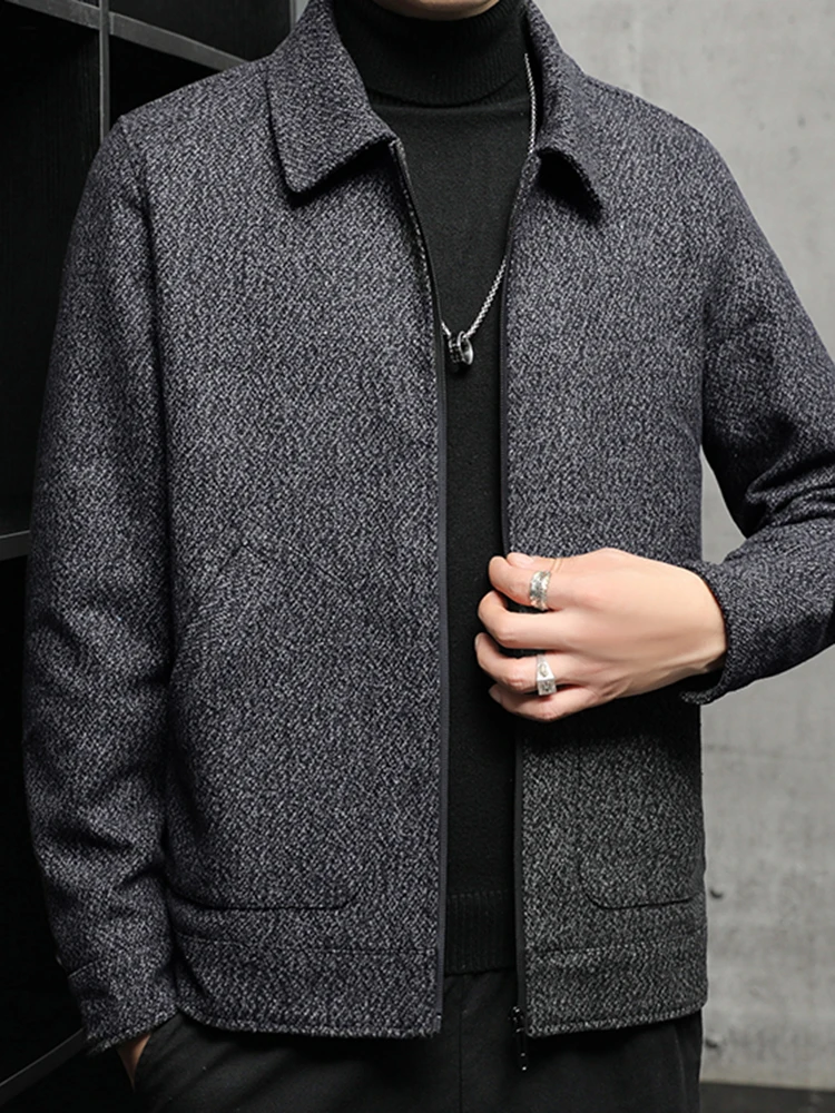 Men\'s New Tweed Coat Padded Thickened Winter Cold Flap Collar Zipper Solid Color Casual Trend Large Pockets Comfortable Jacket