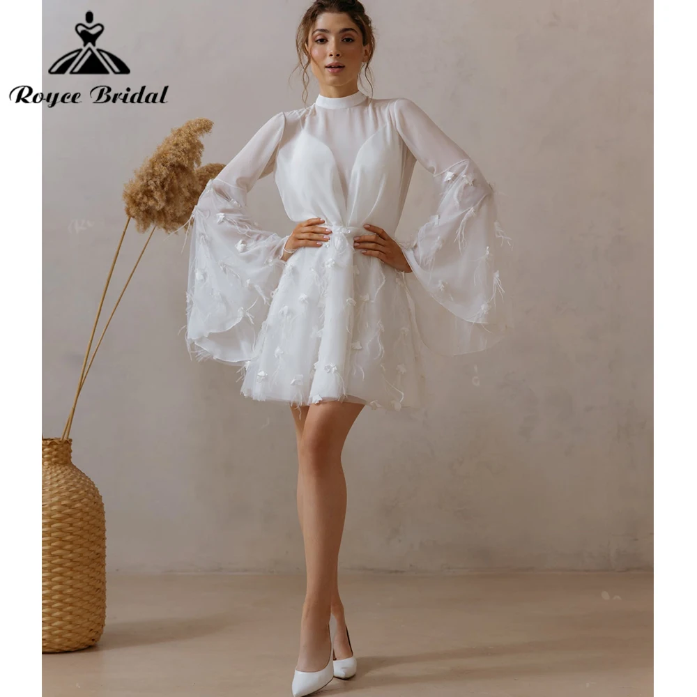 Chic Long Sleeve Wedding Dress Midi A-line Dress Female Sexy Birthday Party Elegant Gowns vestido de noiva Simples Knee-length