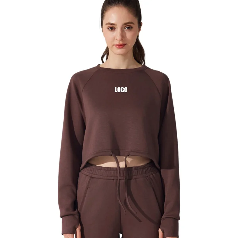 

Удобная толстовка с логотипом на заказ, спортивная одежда для фитнеса и йоги, повседневный универсальный топ, свободная куртка для пилатеса с длинными рукавами на шнурке