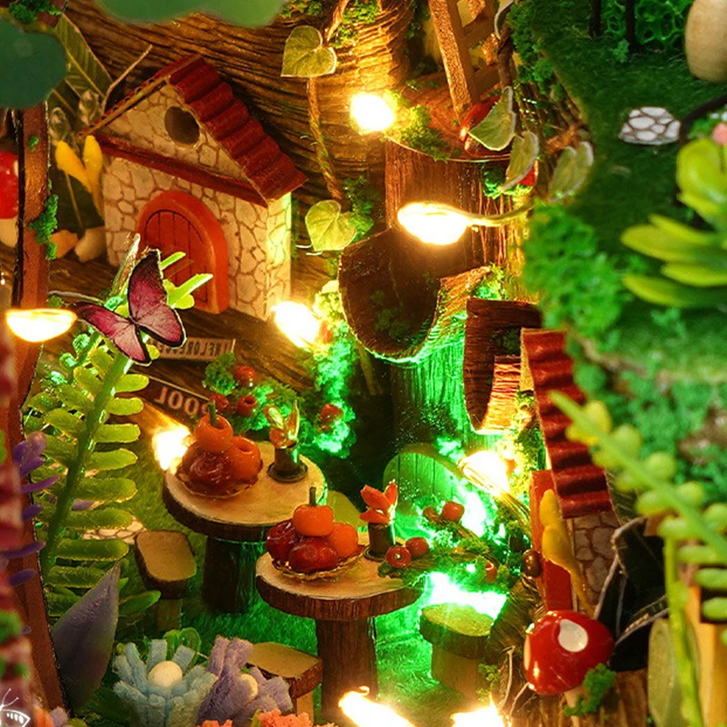 Wood Bookends Building Model Puzzle Toy DIY WIth LED Light Assembly Model Home Decoration Miniatures House Kit