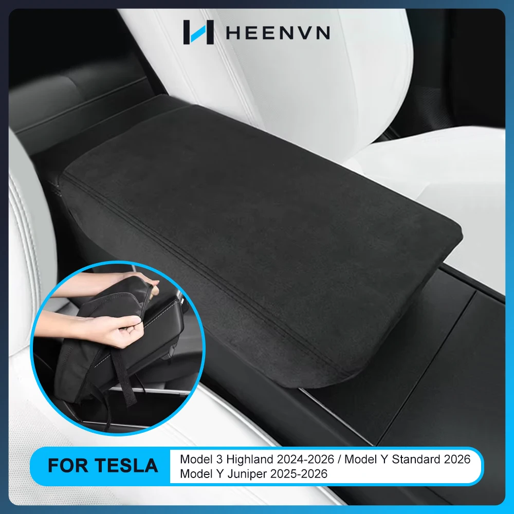Heenvn für Tesla Model Y Juniper 2025 2026 Model 3 Highland Auto-Armlehnen-Schutzbox-Abdeckung Weiche Wildleder-Mittelkonsolen-Abdeckung