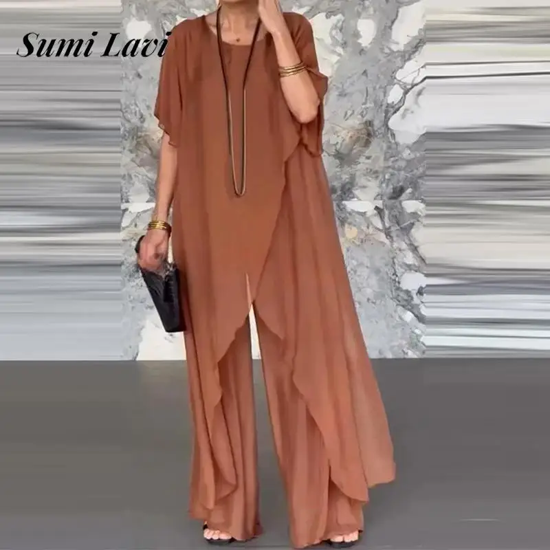 

High Street Simples Chiffon Outfits Fashion O-neck Irregular Tops And Long Pant Suit Women Casual Loose Solid Color 2Pc Set 2025