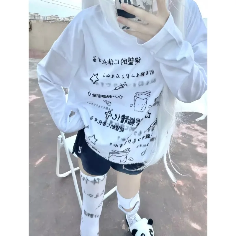 Y2k  women clothing arcane Long-sleeved T-shirt Spring Subculture Loose Harajuku 2024 Tops Cartoon Print Casual Simple Shirts