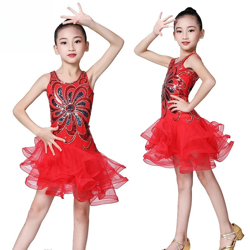 Kids Latin Jazz Dance Dress Girls Tutu Sequin Stage Performance Costume Competition Outfit Ballroom Dancing Samba Cha Cha Rumba