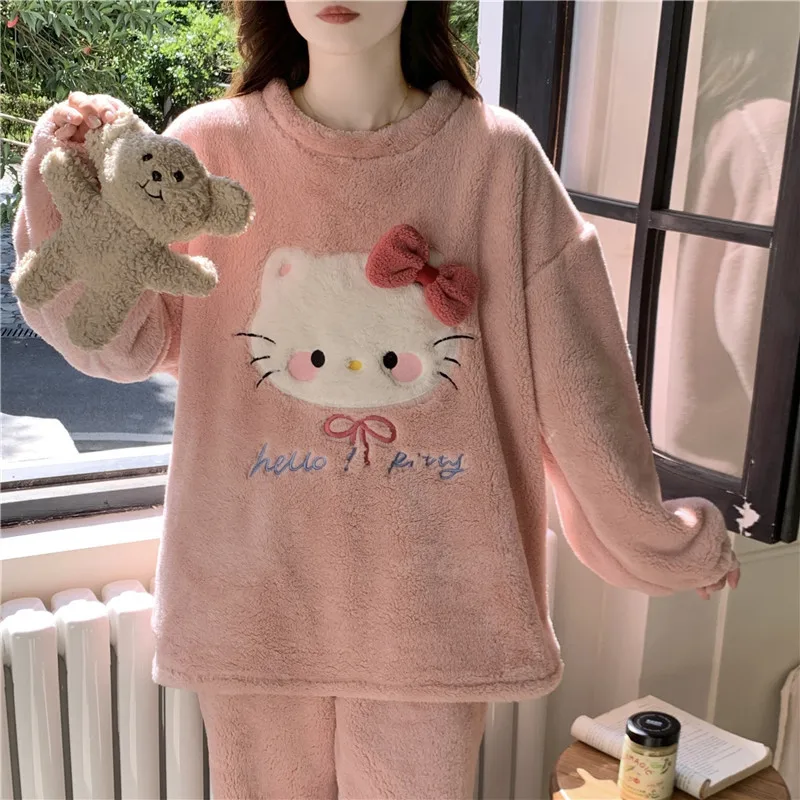 كارتون لطيف مرحبا كيتي الشتاء أفخم ثوب النوم السراويل دعوى Kawaii المرأة الدافئة سميكة منامة مجموعة الفتيات طالب Homewear