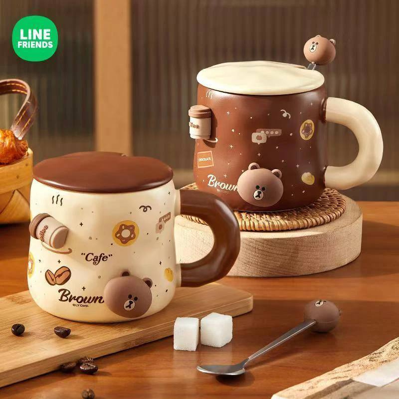 

Linefriends Brown Bear Ceramic Mug with Lid Spoon Creative Coffee Milk Cup Gift Toy Collection Cute Cup