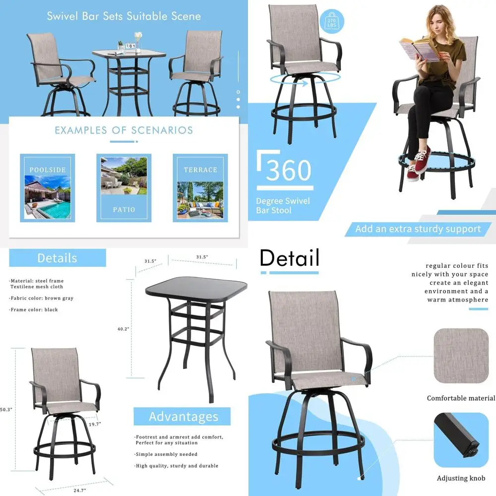 

Всепогодный текстильный комплект для патио с поворотными стульями и стеклянным столом, цвет тауп