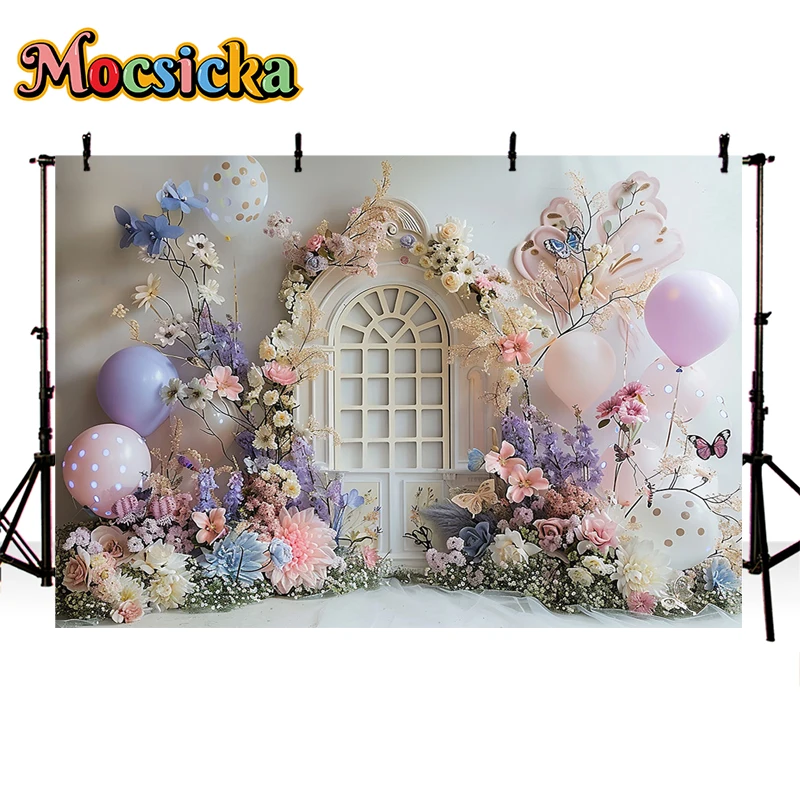 خلفية تصوير Mocsicka ، الباستيل الربيعي ، البالون الزهري ، ديكور القوس العتيق ، خلفية صورة فنية ، استوديو الصور ، الأطفال والكبار
