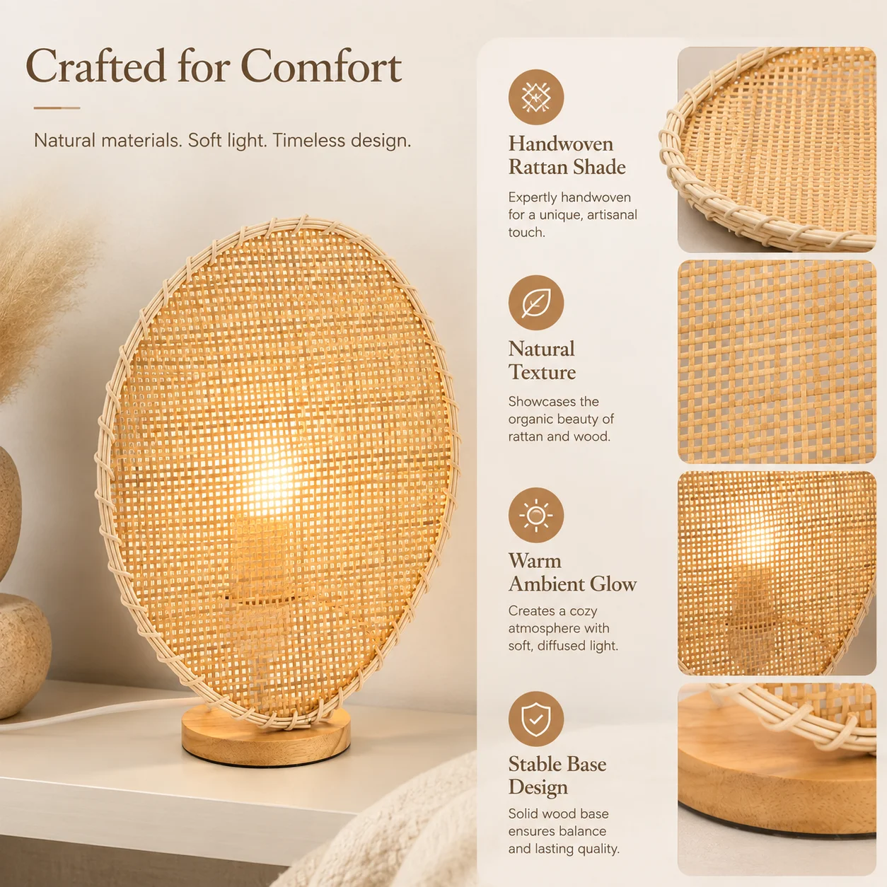 JOYINLED Natural Woven Bamboo Table Lamp, Natural Rattan Nightstand Light with EU/US Plug, Standard Switch for Bedroom Office