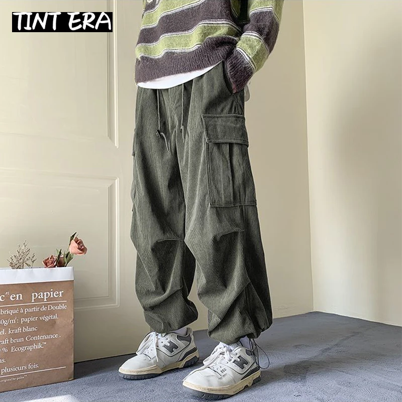 TINT ERA velluto a coste Cargo pantaloni Vintage per uomo Streetwear pantaloni Cargo pantaloni da jogging maschili Hip Hop verde nero tasca giapponese coreana