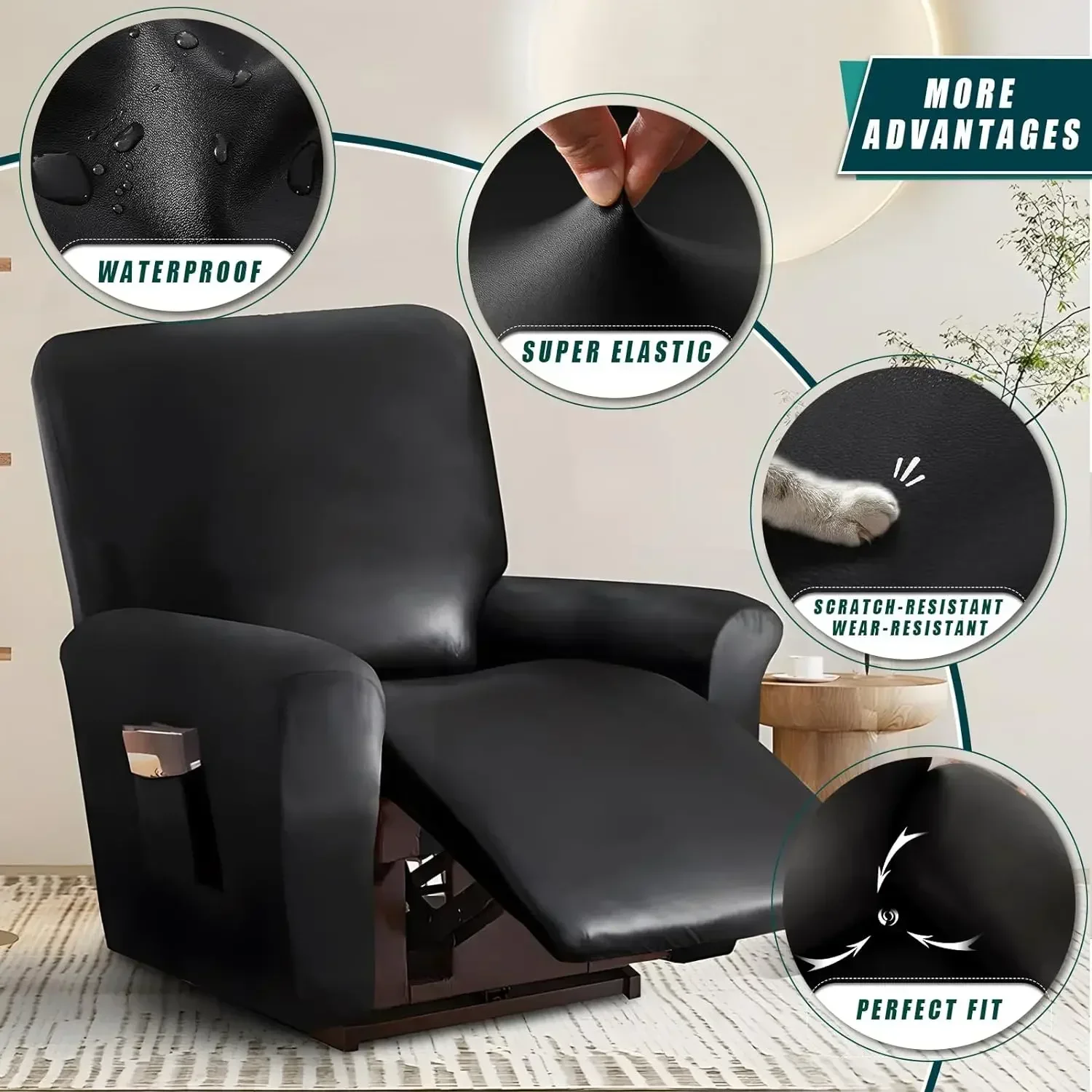 PU Leather Stretch Recliner Chair Cover with Side Pockets Waterproof Slipcover Recliner Couch Cover Elastic Bottom Living Room