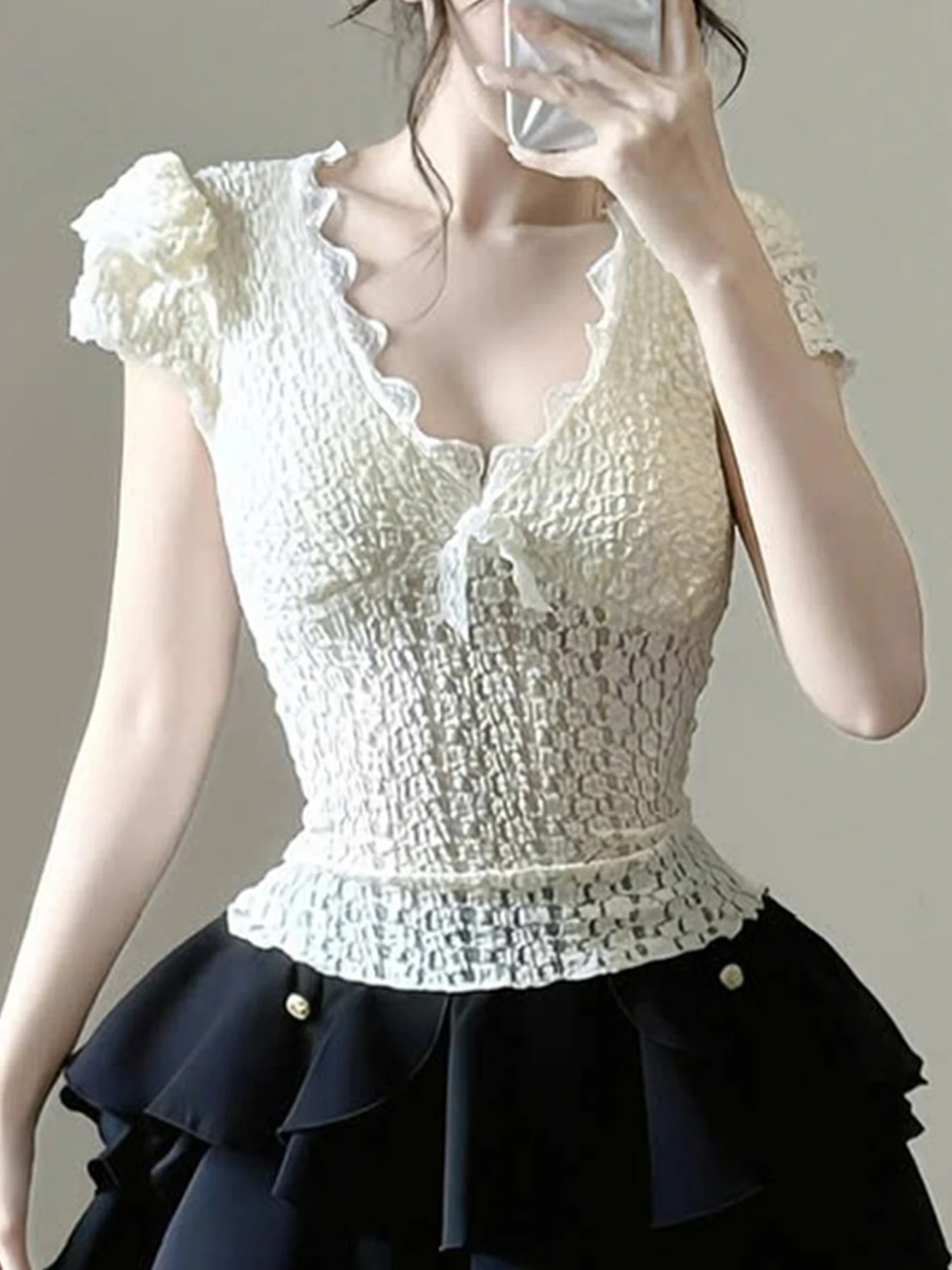 

Sweetown Fashion Lace Simple Causal Women Sweet T-Shirts Cute French Chic Slim Summer Exquisite Blouses