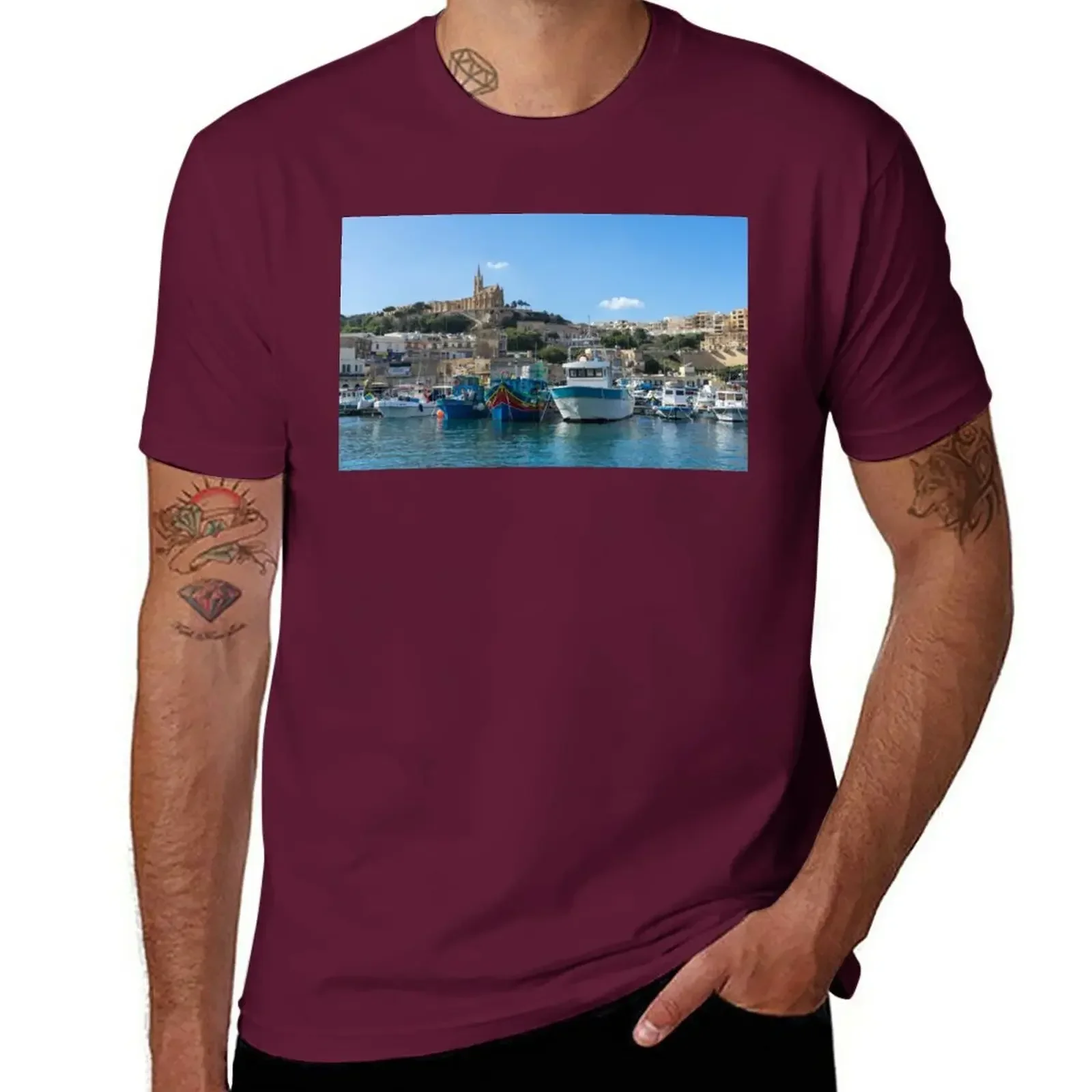 blanks quick-drying mens big and tall t shirts Cheerful Maltese - Traditional Fishing Boats at Gozos Mgarr Harbour T-Shirt