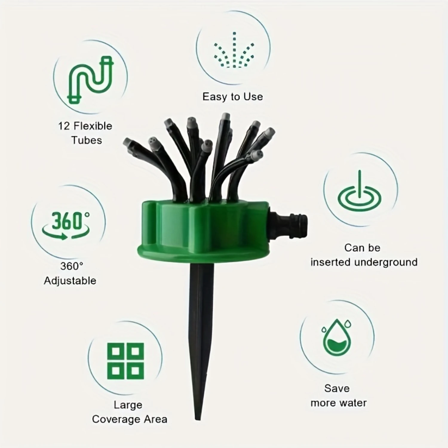 Garden Sprinkler, 12 Flexible Tubes ° Adjustable, Easy-to-Use Mist Nozzle, Large Coverage Area, Water Saving Lawn Irrigation To