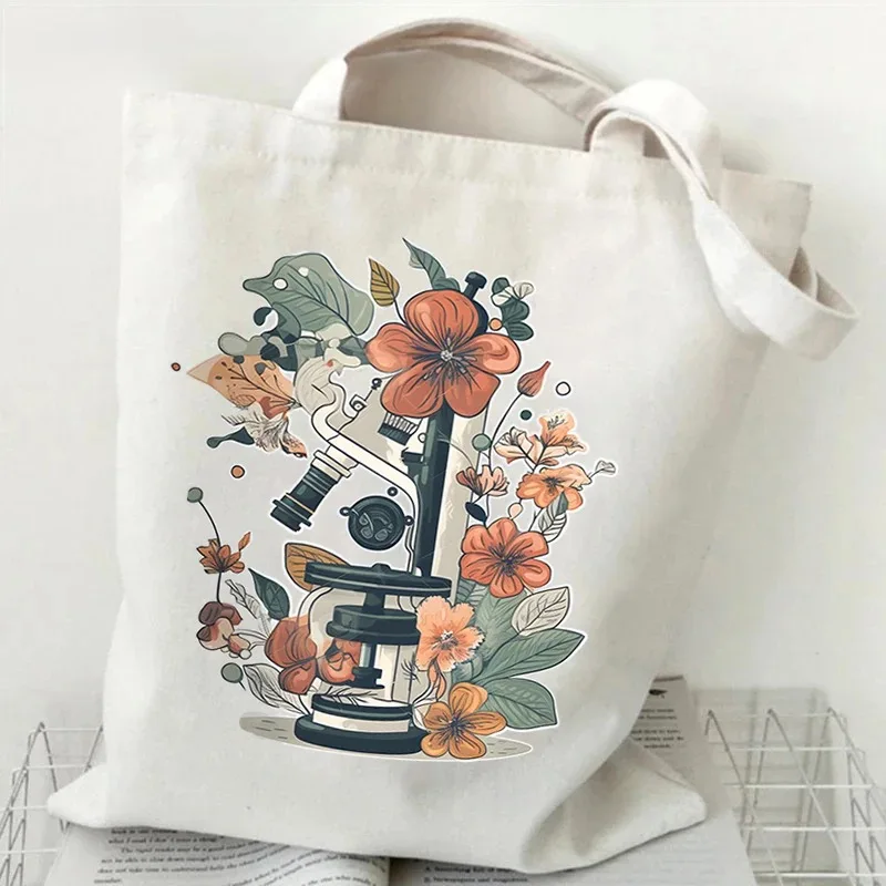 

Vintage Artistic Microscope with Intricate Floral Details Canvas Tote Bag for Science Botany Enthusiasts Eco-Friendly