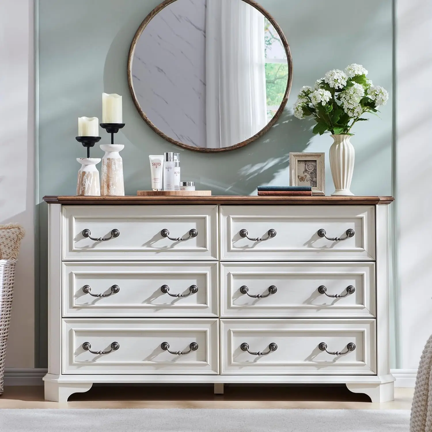 ตู้ลิ้นชัก 6 ชั้น สไตล์บ้านไร่ สำหรับห้องนอน กว้าง 54 นิ้ว ทำจากไม้สไตล์เรสติก พร้อมพื้นผิวธรรมชาติ ดีไซน์วินเทจ สำหรับจัดเก็บของ