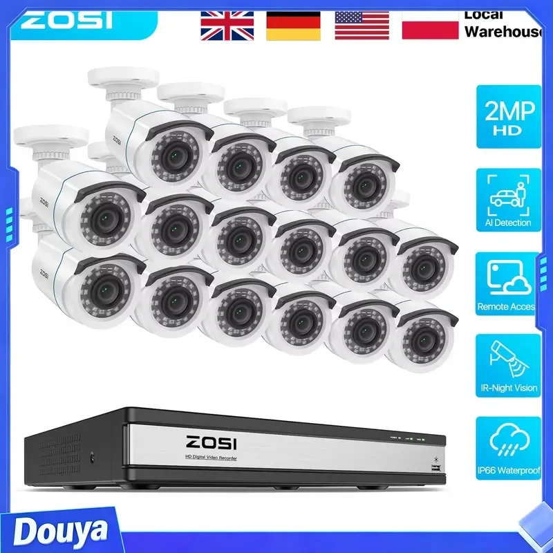 ZOSI 16 Channel 3K Security Camera System 16CH H.265+ DVR Recorder 8/12/16pcs 1080p 2MP Night Vision CCTV