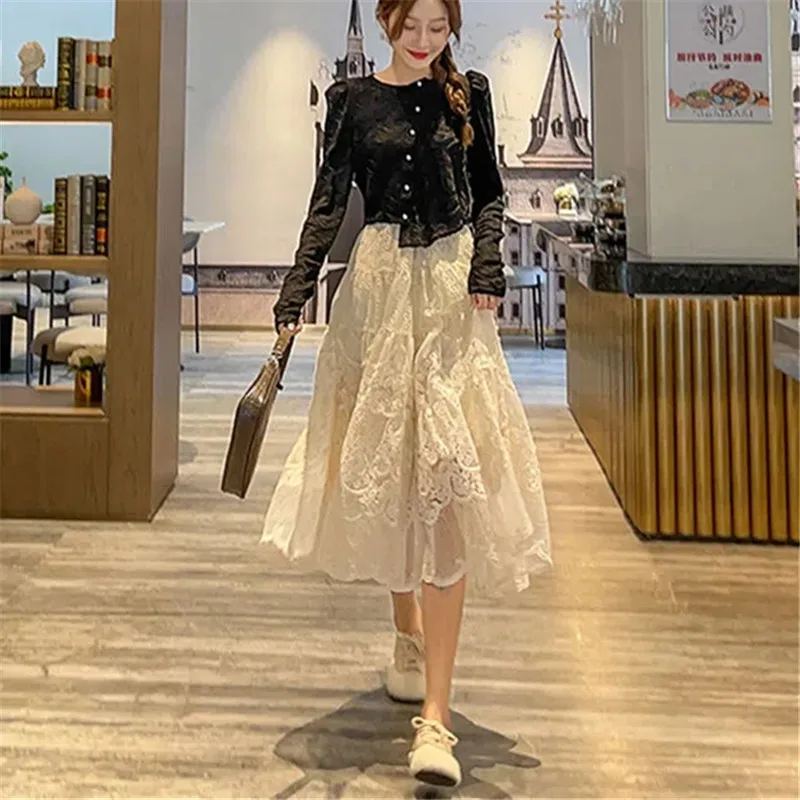 Women Clothing Skirt High Quality Vertical Long skirts French Embroidery Lace Style Slimm A-line Skirts Faldas Mujer Moda 2023