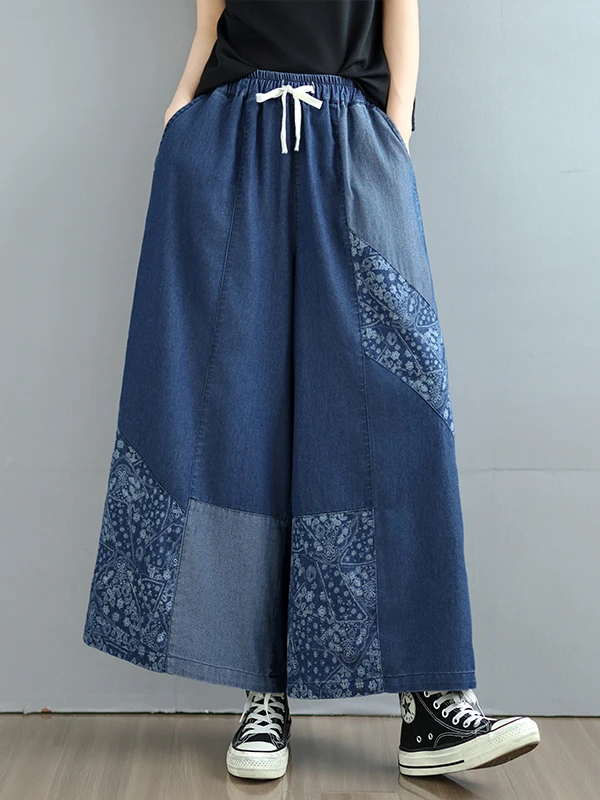 

Loose High Waist Wide Leg Denim Jeans Women's Artistic Print Vintage Summer Style Casual Comfortable Cotton Blend Trousers