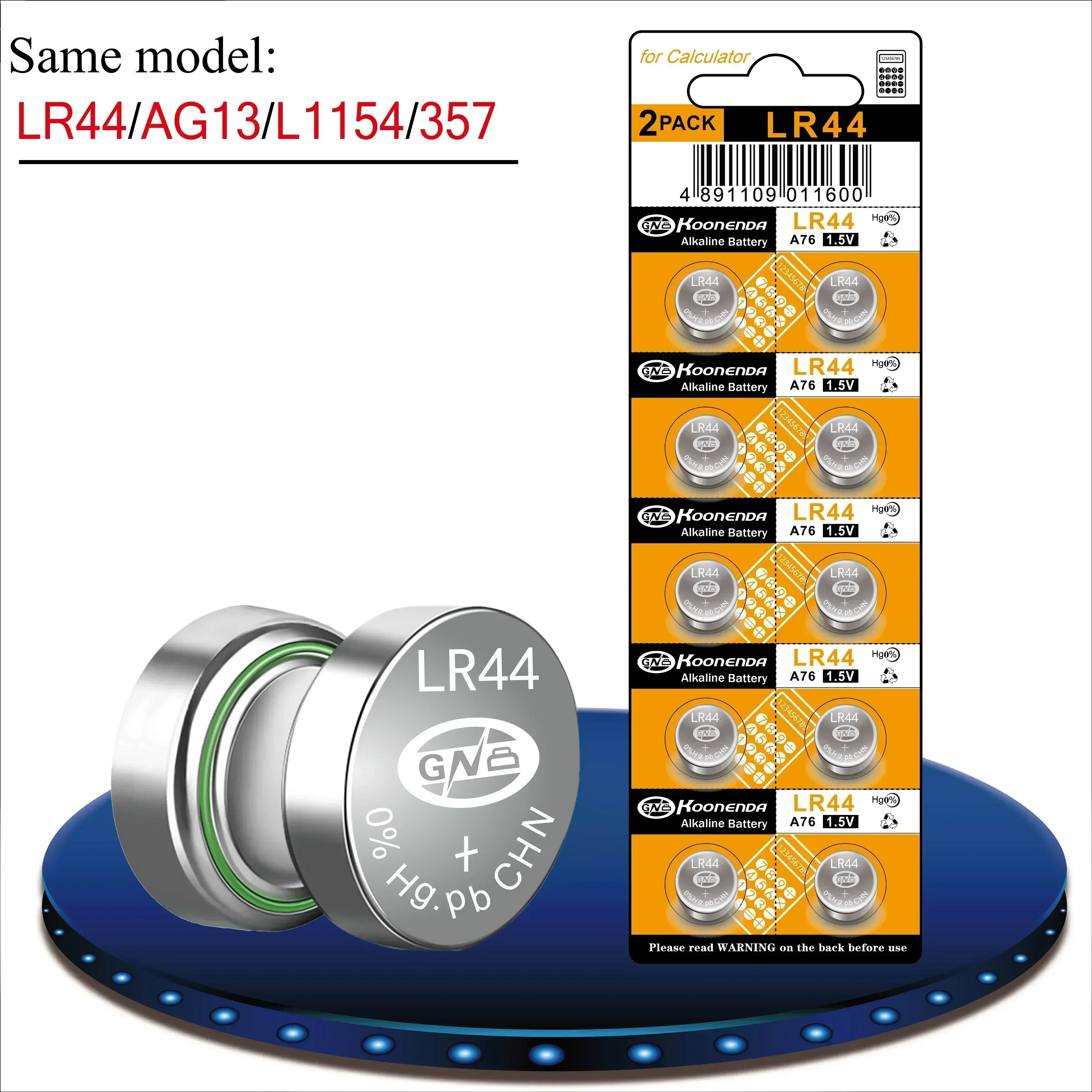 LR44 button battery, AG13/L1154/A76/SR44/357/SR1154W/GP76A universal, suitable for button type electronic watches, computers,etc