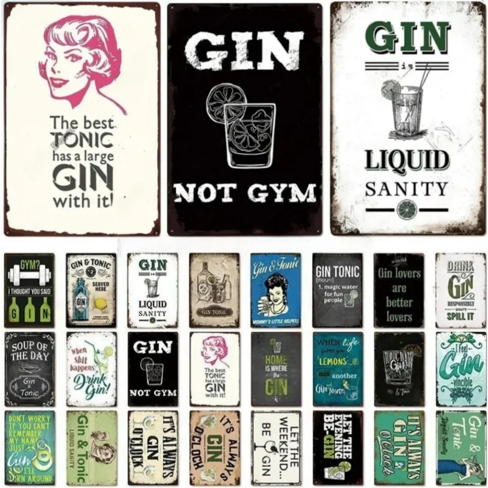 GIN Plaque Metal Vintage Tin Sign Retro Alcohol Plaque Wall Art Posters for Kitchen Bar Pub Man Cave Club Home Decor