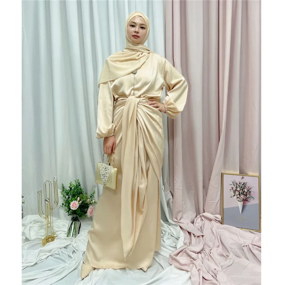 Ramadan 2 Piece Silky Satin Abaya Matching Set Muslim Women Arab Long Hijab Dress Wrap Front Skirt Dubai Modest Outfits Clothing