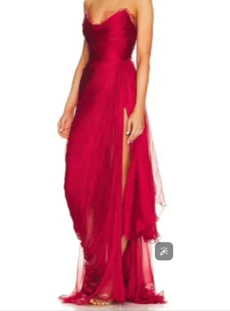 Индивидуальные милые без рукавов длиной до пола, тюлевые складки, боковой шв, красные вечерние платья с высоким разрезом, женские Индивидуальные милые без рукавов длиной до пола, тюлевые складки, боковой шв, красные вечерние платья с высоким разрезом, женские