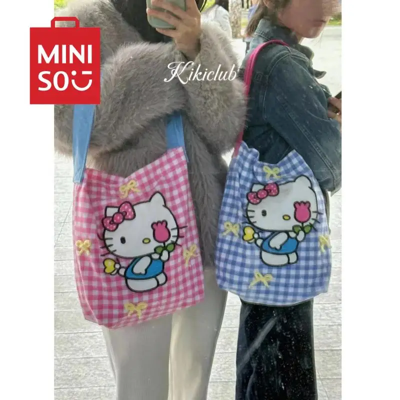 2024 Sanrio Hello Kitty Spring Pink Plaid Bag Cute Cartoon Large Capacity Plaid Handbag Underarm Bag Ins Anime Gifts for Girls