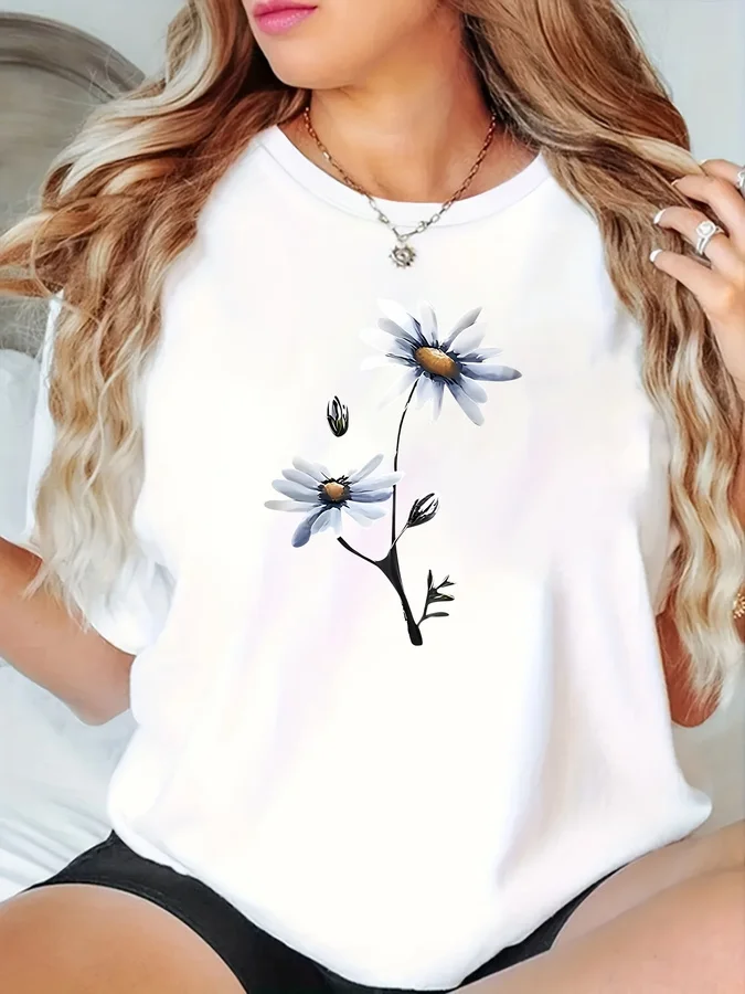Daisy Flower Print T-shirt Casual Large White Daisy Graphic Short Sleeve Round Neck Tops Women Spring Summer Essential Tee