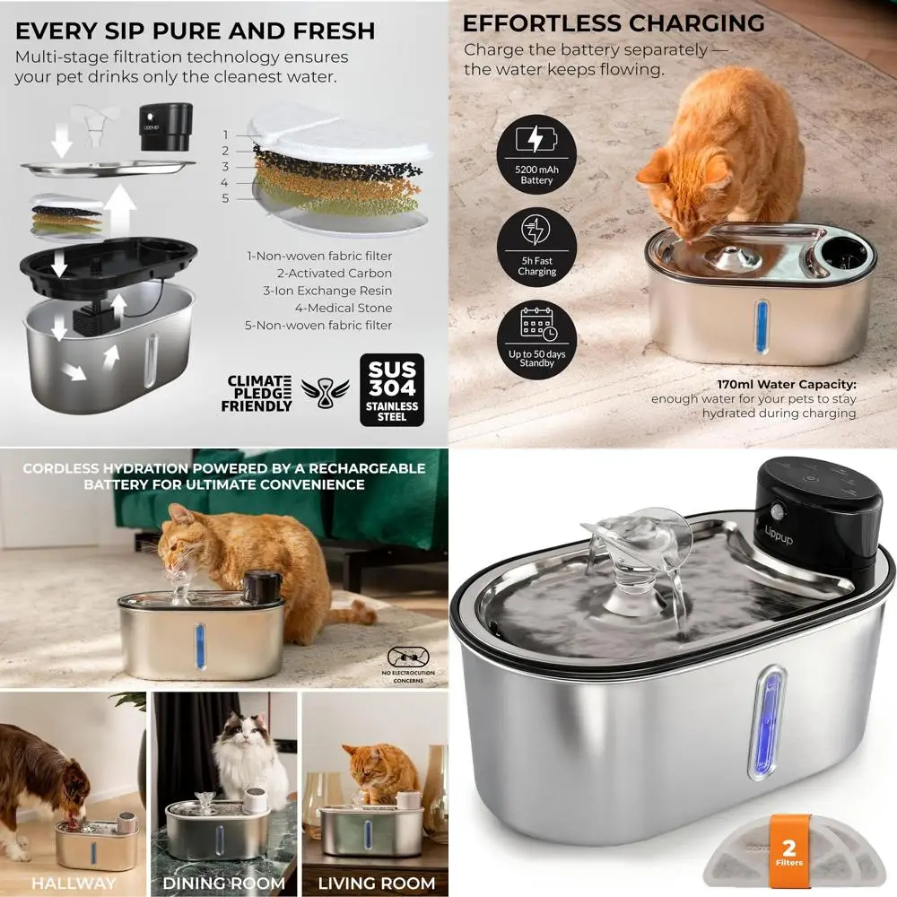 

Battery-Powered Stainless Steel Cat Fountain, 108oz/3.2L, Quiet Operation, Long Battery Life, Multi-Stage Filtration, BPA-Free,