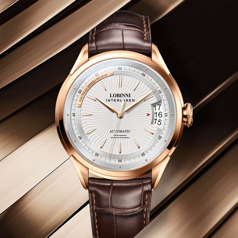 LOBINNI L17522 43.5 مللي متر ساعة ميكانيكية أوتوماتيكية للرجال ستانلس ستيل ياقوت كريستال زجاج 50 متر مقاومة للماء ساعة تقويمية