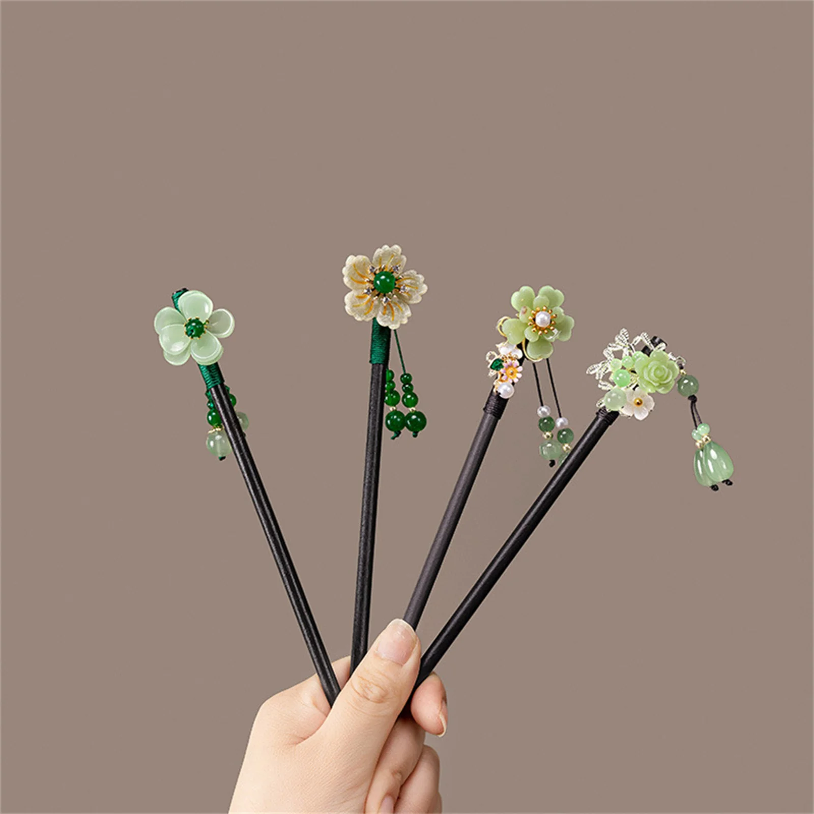 دبوس شعر أنيق على شكل زهرة شرابة سلسلة خضراء طازجة صغيرة عصا شعر خشبية للنساء إكسسوارات شعر مجوهرات مصنوعة يدويًا من الصقيل #5