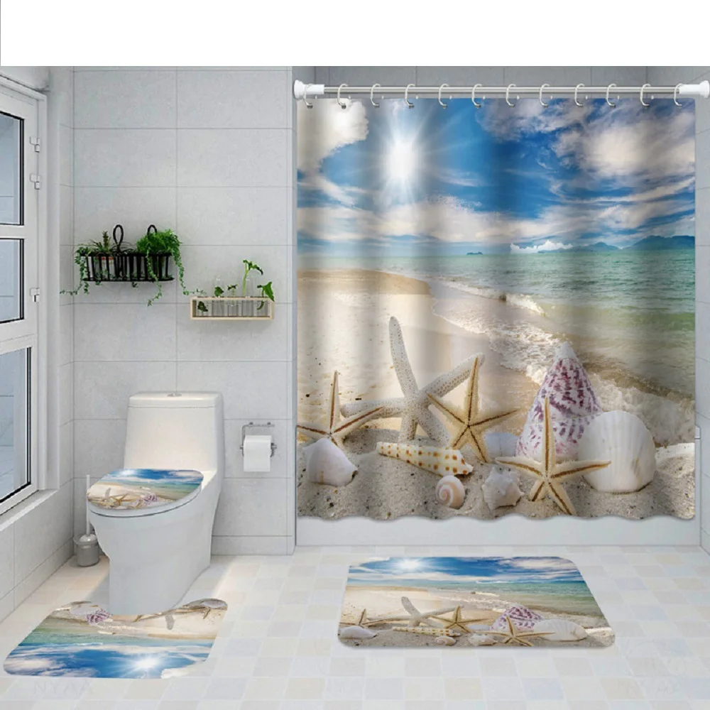 

Starfish Seashell Beach Shower Curtain Sets Non-Slip Rugs Toilet Cover Bath Mat Ocean Beach Lighthouse Waterproof Bath Curtains
