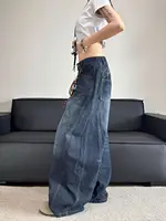 Stylish Chic Elegant Embroidered Patchwork Jeans Women Vintage Washed Draping Denim Straight Loose Fit Slimming Versatile Pants - Image 5