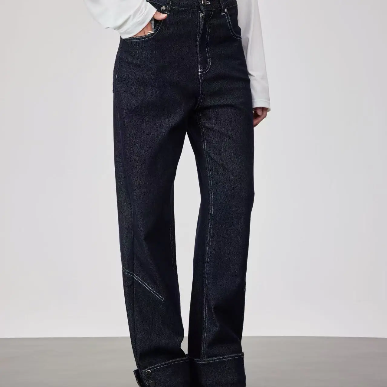 

OoofYang High Waist Wide Leg Jeans Embroidered Hem ket Detail Commute Sle Cotton Polyester Blend Casual Pants