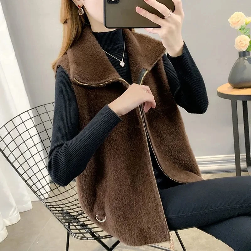 2024 New Autumn/Winter Imitation Mink Velvet Knitted Vest  Sleeveless Jacket Female Sweater CoatCasual Zipper Cardigan Waistcoat