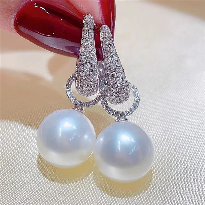 Trend Pearl Dangle Earring for Women Luxury Bling Cubic Zirconia Fashion Elegant 925 Sterling Silver Jewelry