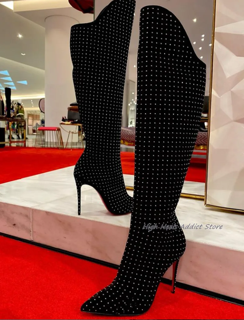 Black Crystal Studded Knee High Boots  Women's Pointed Toe High Heels Suede Leather Long Boots 2024 New in Luxury Designer Shoes