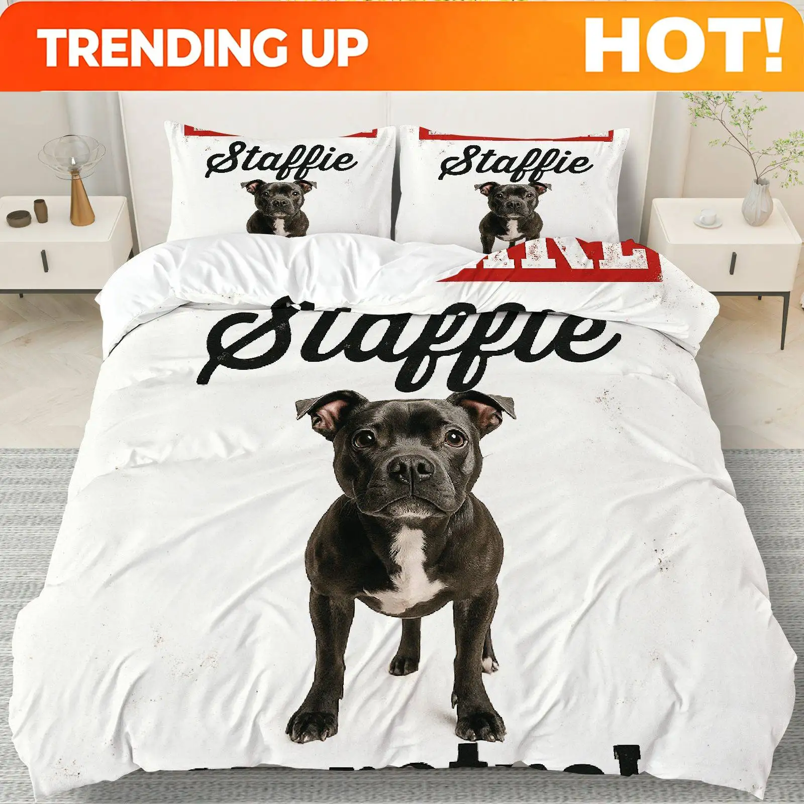 Customize 3pcs Bedding Including 1 Duvet And 2 Pillowcases (Filler Not Included), Featuring a Black, White, And Red Dog Graphic
