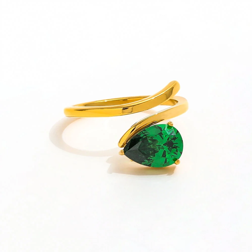 

Joolim High End PVD Waterproof Fashion Water Drop Green Zirconia Opening Ring for Women Stainless Steel Jewelry Wholesale