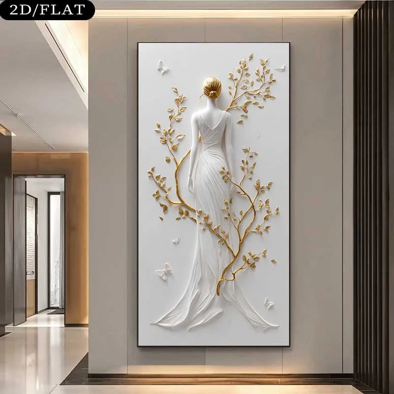 1pc frameless Canvas Painting 2D Flat Large Modern Elegant Woman with Golden Branches & Butterfly Canvas Wall Art Unframed Canva