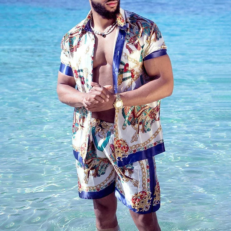 Conjunto de camisa con estampado 3D para hombre, traje Hawaiano de manga corta con patrón de rayas y cadena dorada Retro, pantalones cortos de playa