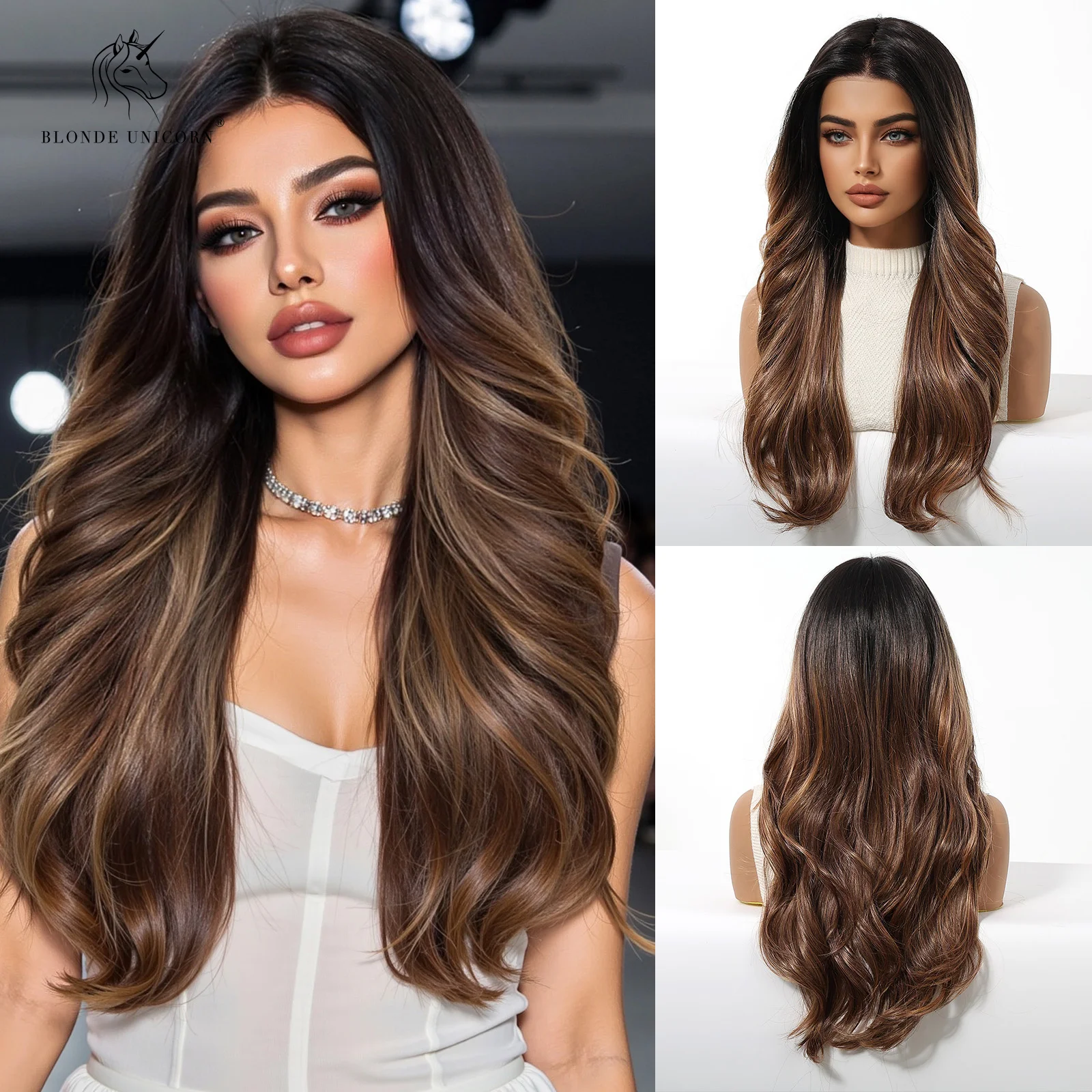 

Blonde Unicorn Synthetic Women Wig MONO Lace Wigs Ombre Dark Root to Brown Long Curly Wavy Natural Daliy Cosplay Hair Natural
