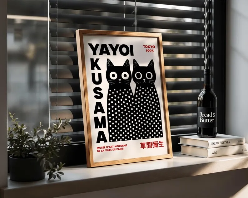 2 Stück/Set Yayoi Kusama Cats Leinwandposter, rahmenloser moderner Pop-Art-Druck, schwarze Katzen-Kunstwerke für Wohnzimmer- und Schlafzimmerdekoration – Detail 4