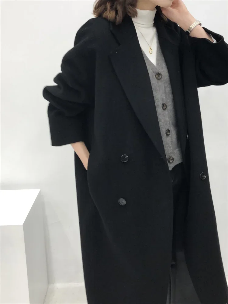 

High-end Black Large Size Double-sided Cashmere Coat Women Mid-length New Autumn Winter Korean Loose Double-breasted Woolen Coat