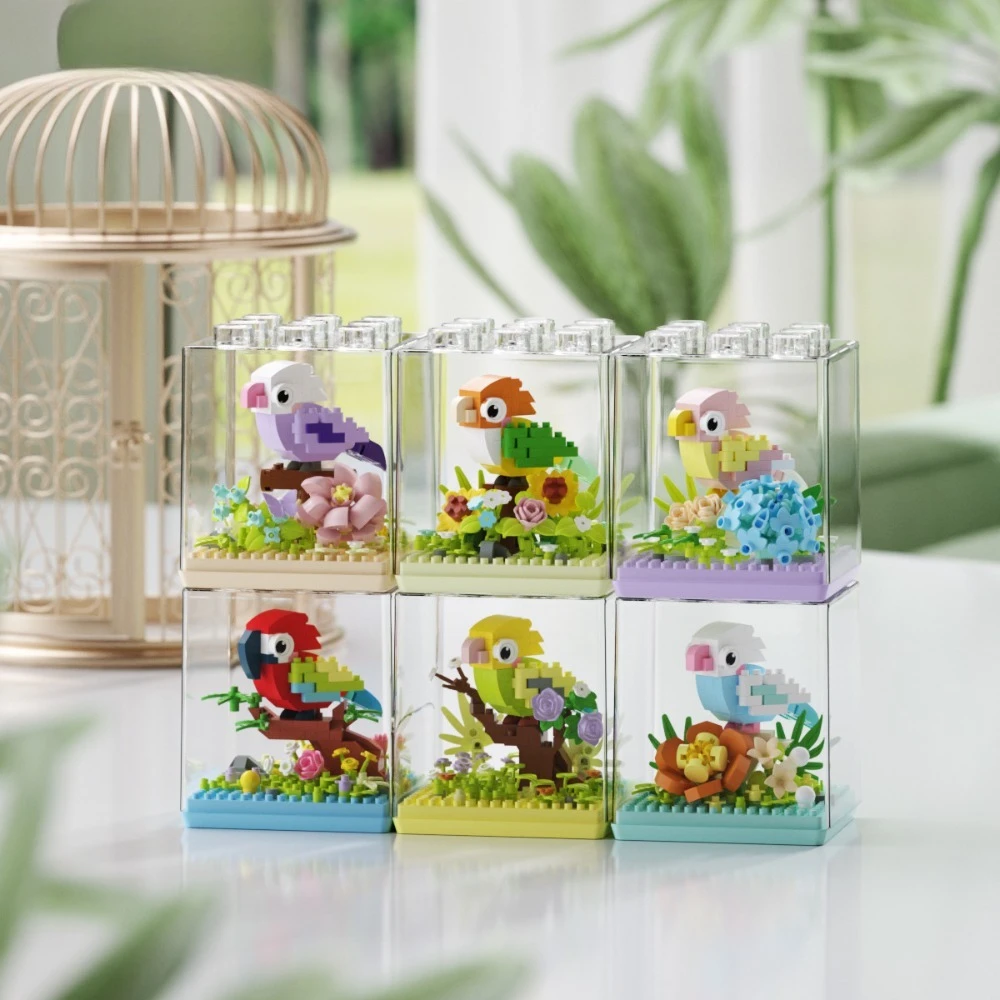 

GSF MOC Parrot Bird Flower with Display Box Micro Building Block Mini Diamond Model Brick Toy for Children Desk Decor