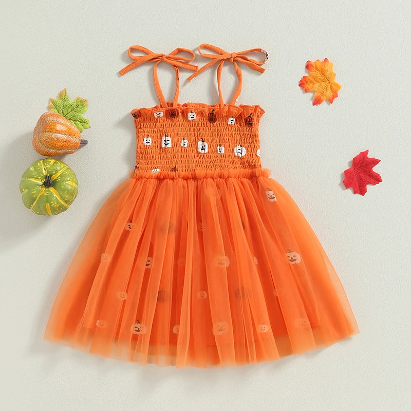 

Girls Sleeveless Pumpkin Print Tulle Dress Halloween Costume A-line Dress with Tie-up Detail for Summer Fun